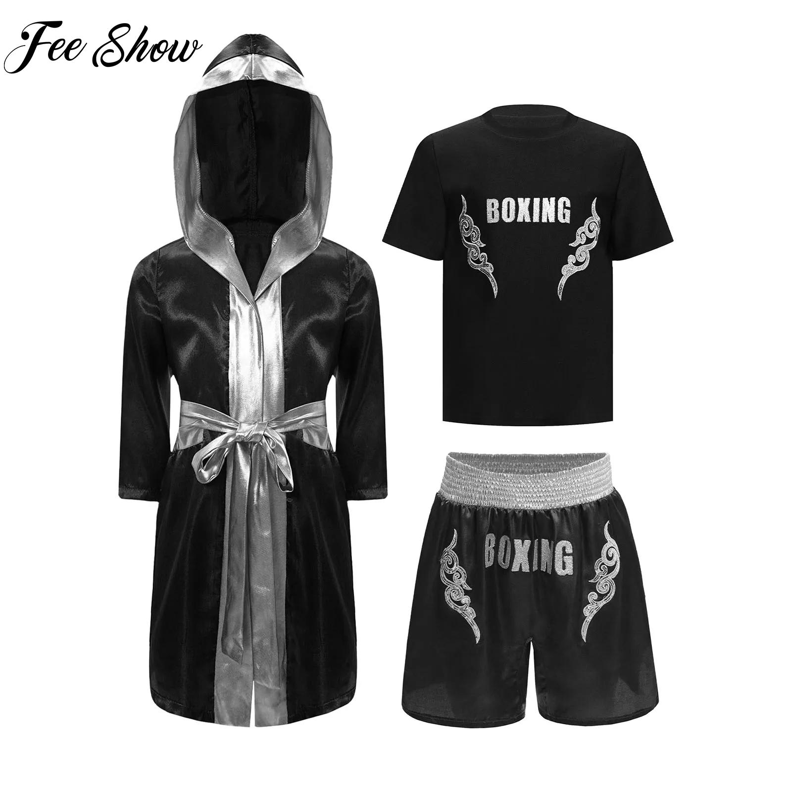 Boyshort Underwear - キッズボーイボクシング衣装ムエタイカンフー武術服クルーネック Tシャツ + ショートパンツローブ + ベルトセット子供ハロウィンコスプレ衣装