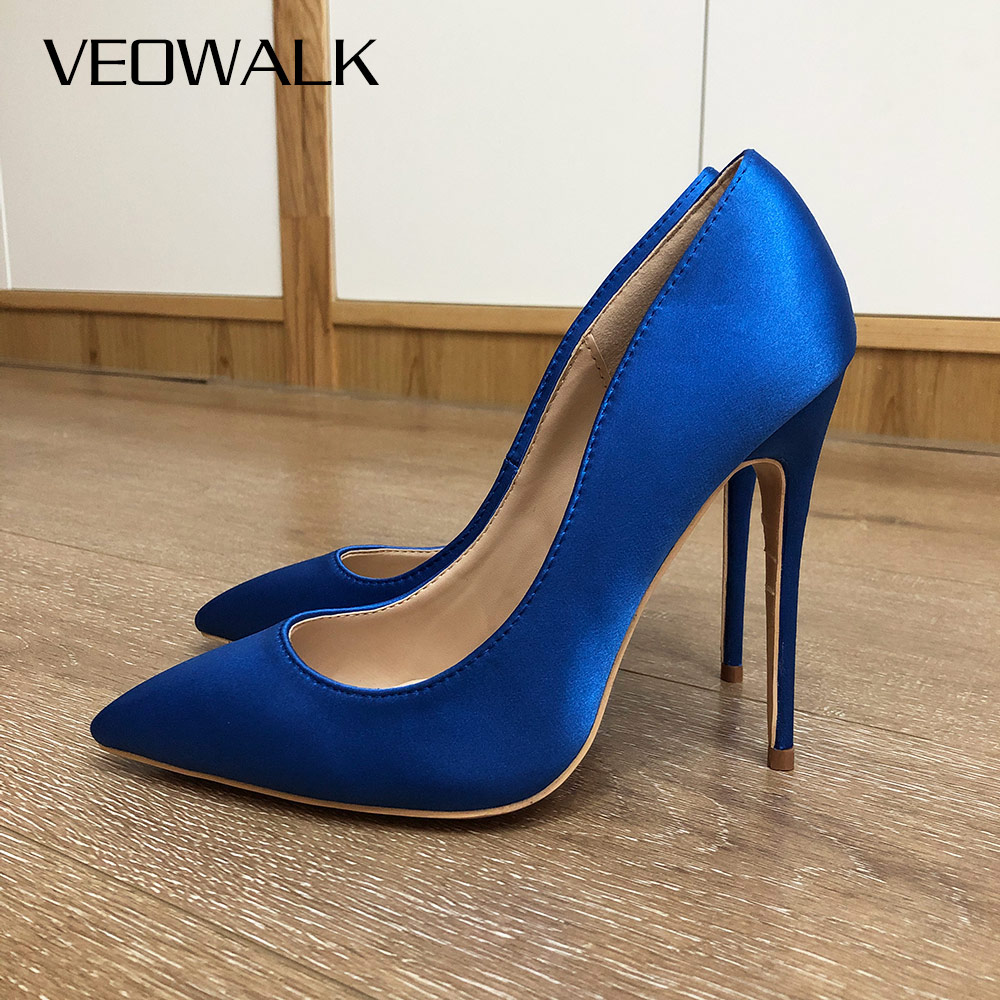 Slip Dress Satin - Veowalk-女性のためのロイヤルブルーのシルクサテンスティレットシューズ,エレガントなハイヒール,先のとがったつま先,パンプス,イブニングシューズ