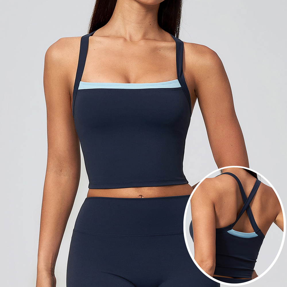 Sports Bra High Impact - 女性用クロスバックヨガタンクトップ、プッシュアップスポーツブラ、フィットネスランニングワークアウトジムベスト、カラーブロックスポーツ下着クロップトップ
