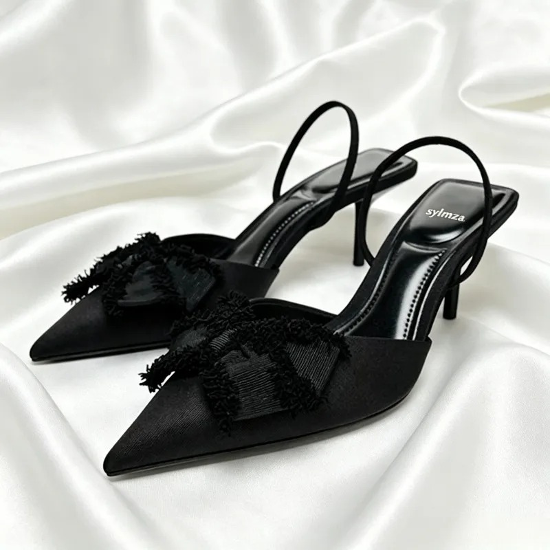 Slip Dress Satin - ファッション黒サテン蝶結び装飾パンプス女性のセクシーなポインテッドトゥスリングバックスティレットサンダルエレガントな宴会ドレスシューズ