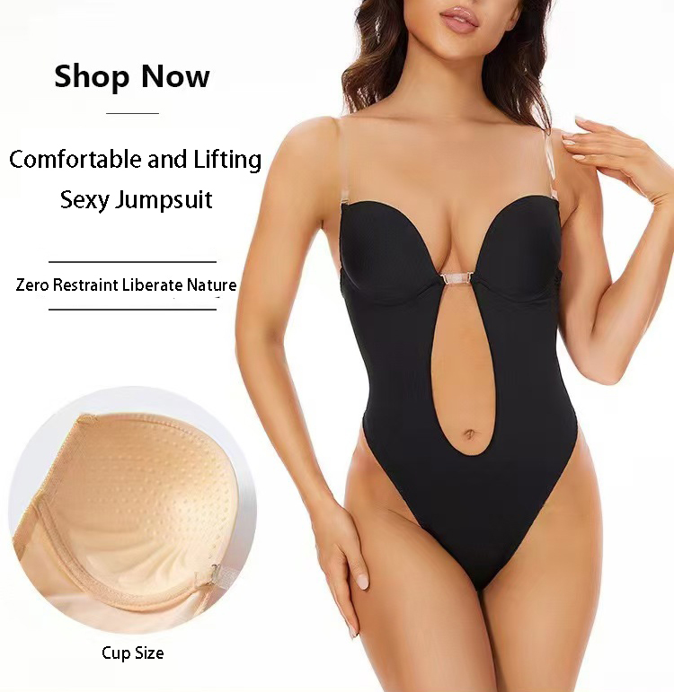 Push Up Bra Padded - 滑り止め接着剤付きバックレスボディシェイパーブラ U字プランジローバックソング ディープVフルボディボディスーツソングレオタード お腹引き締めコルセット