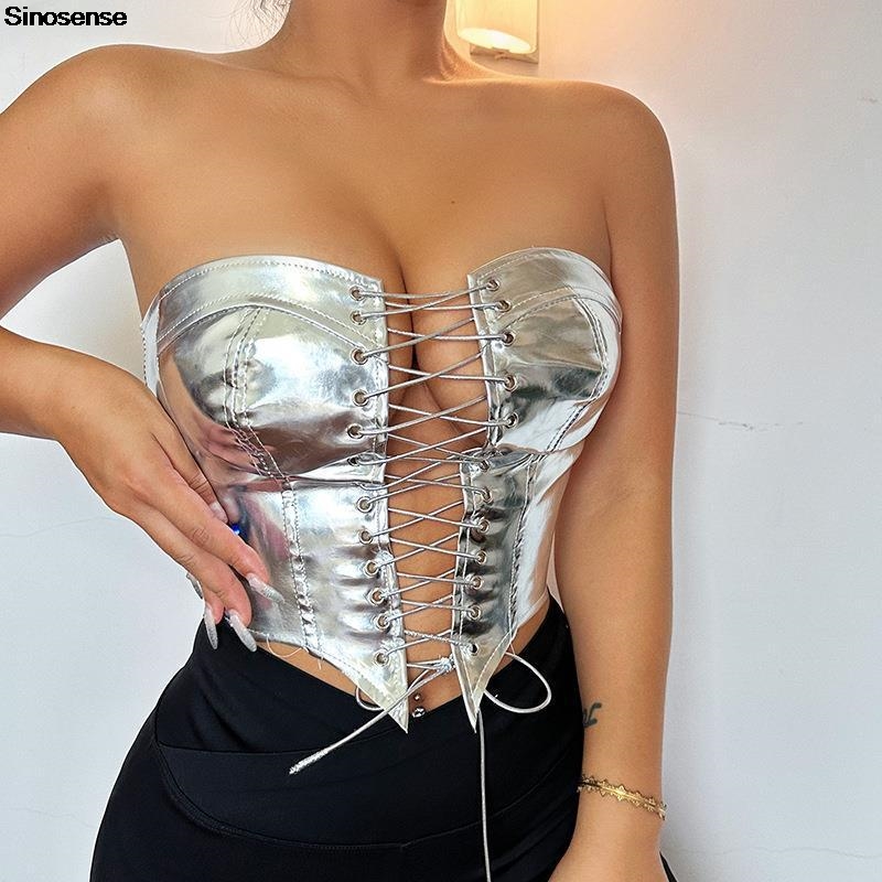女性用PUレザービスチェ,クロップチューブトップ,メタリック - Strapless Bra Backless のレビューと価格