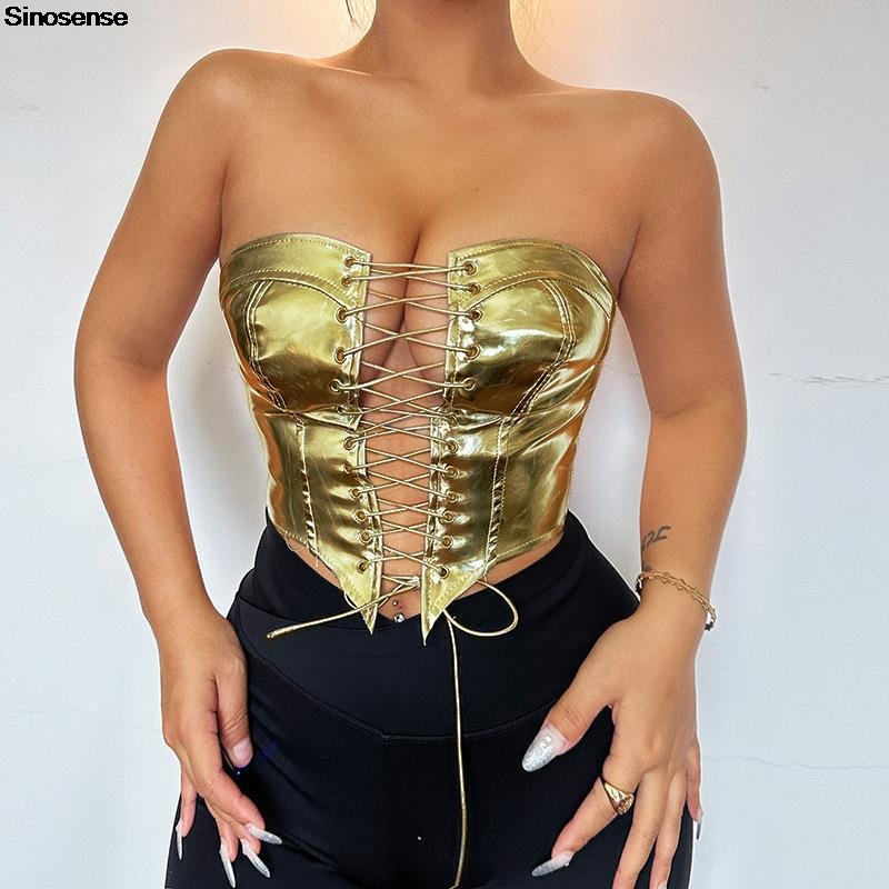 女性用PUレザービスチェ,クロップチューブトップ,メタリック - Strapless Bra Backless のレビューと価格